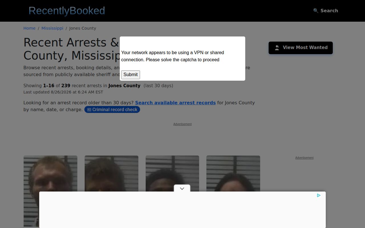 RecentlyBooked Jones County third-party news index interface
