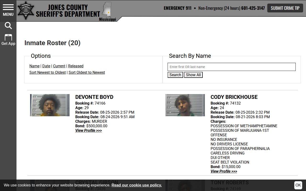 Jones County 48-hour released roster and booking record interface