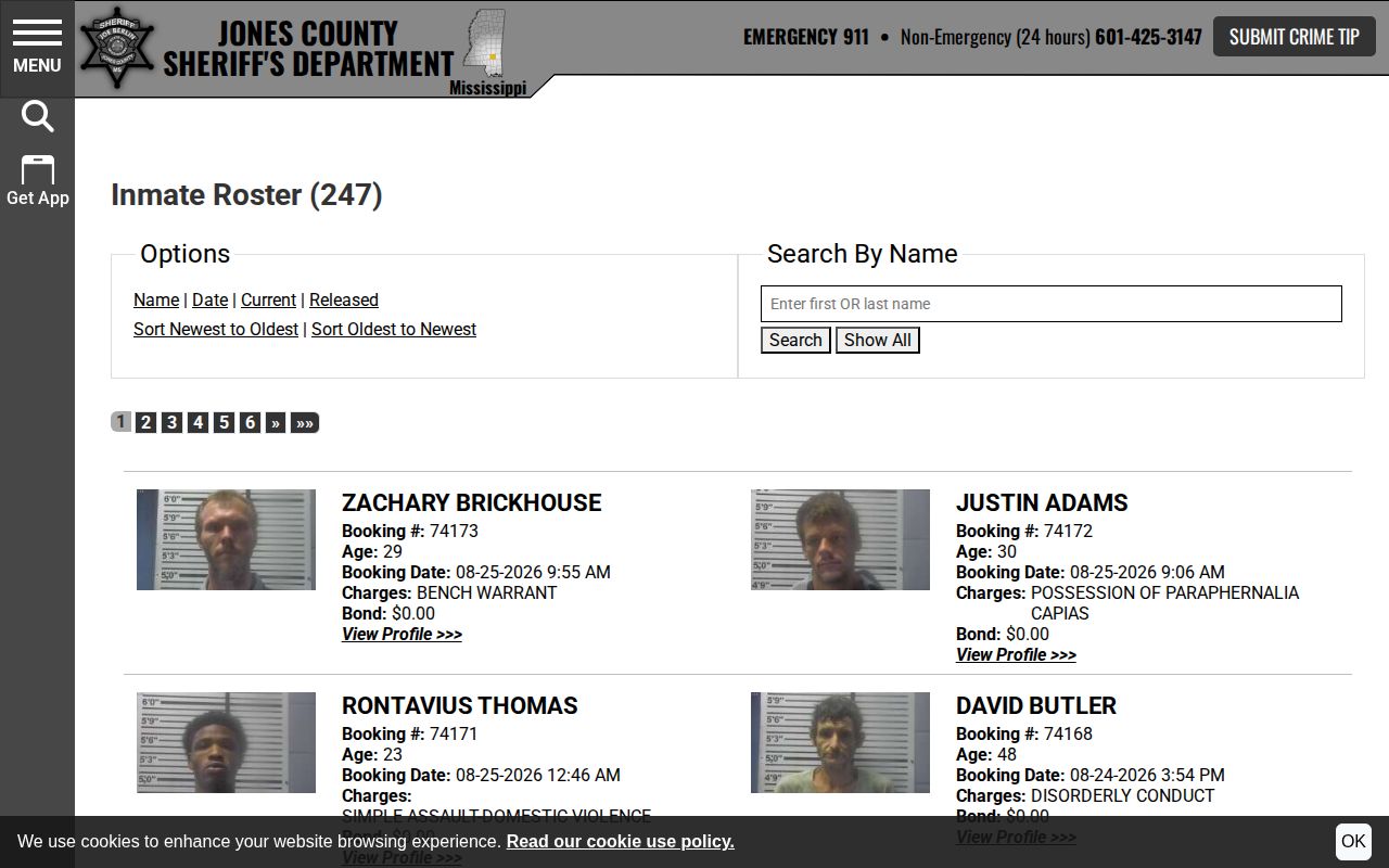 Jones County Adult Detention Facility current custody roster search interface