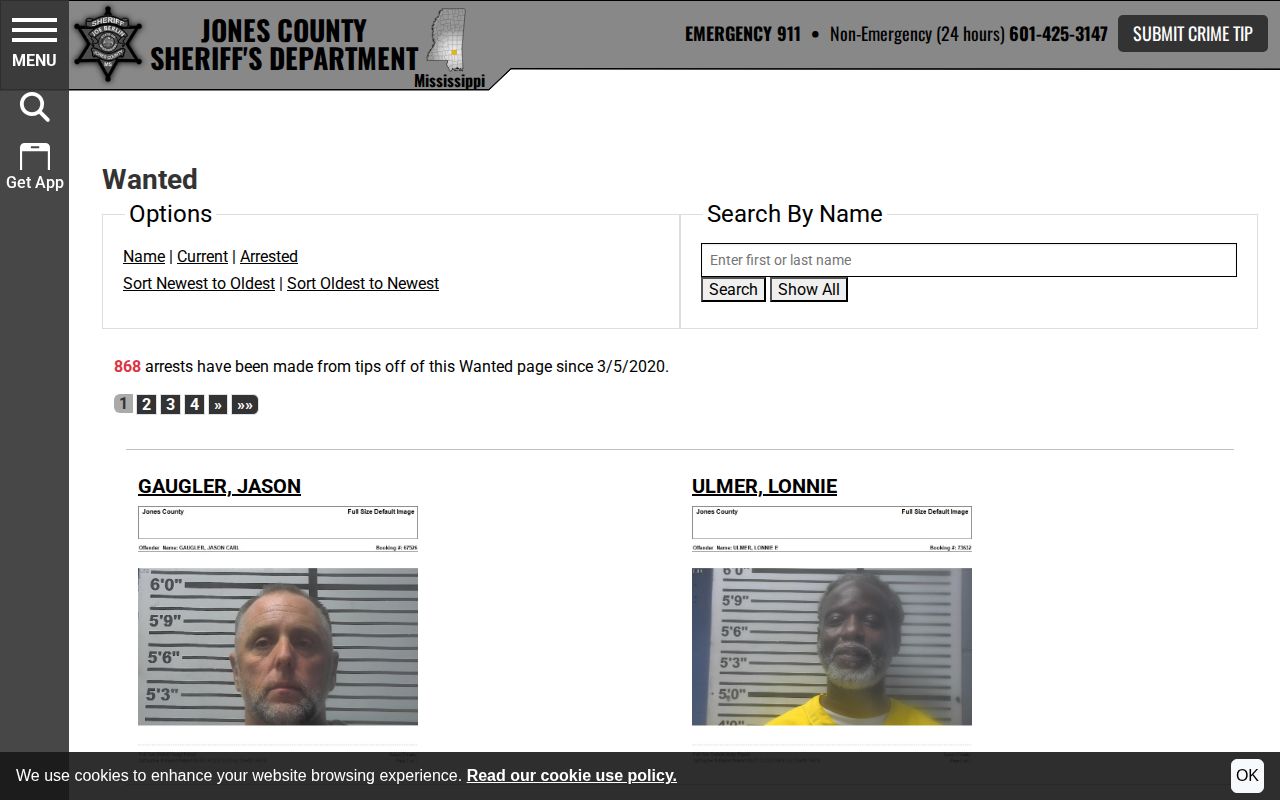 Jones County Sheriff's Most Wanted interface with official search and status filters