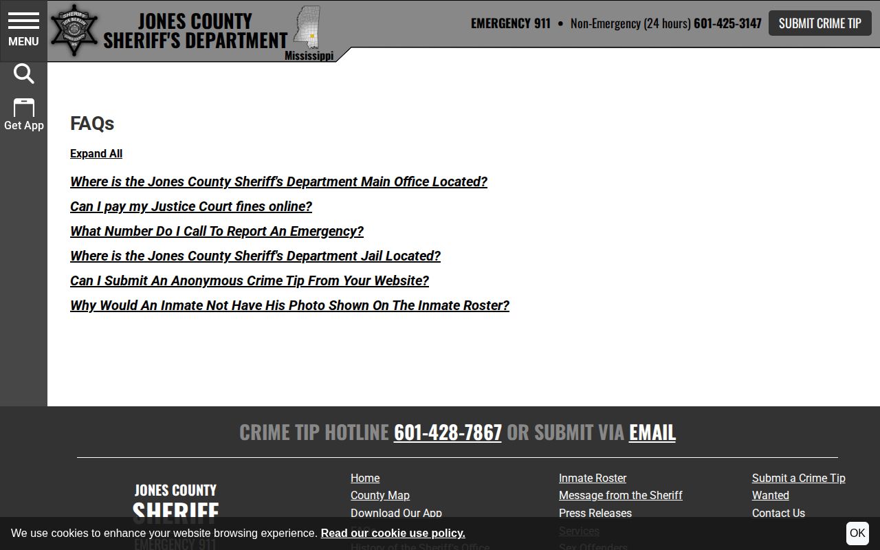Jones County Sheriff's FAQ page with Crime Stoppers tip information